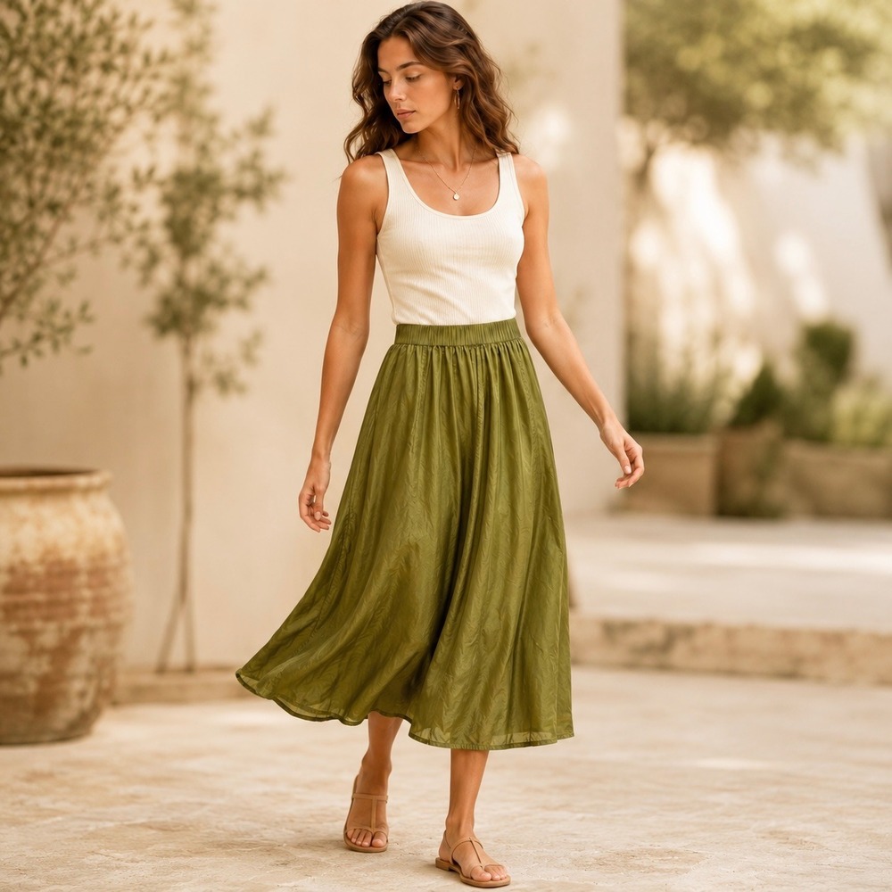 & Other Stories Silk Midi Olive Green A-Line Skirt Boho Minimalist Capsule Sz 8